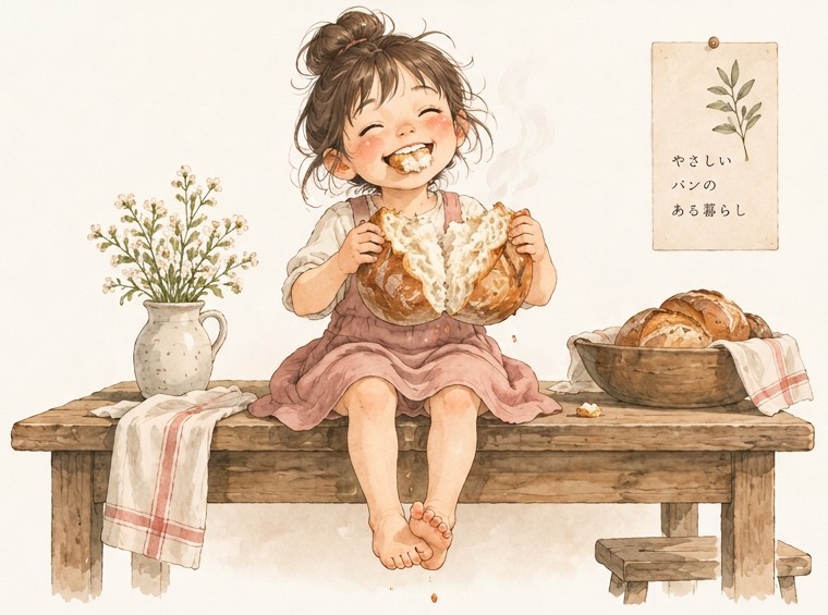 A little girl sitting on a wooden table, happily breaking a warm loaf with a piece already in her mouth